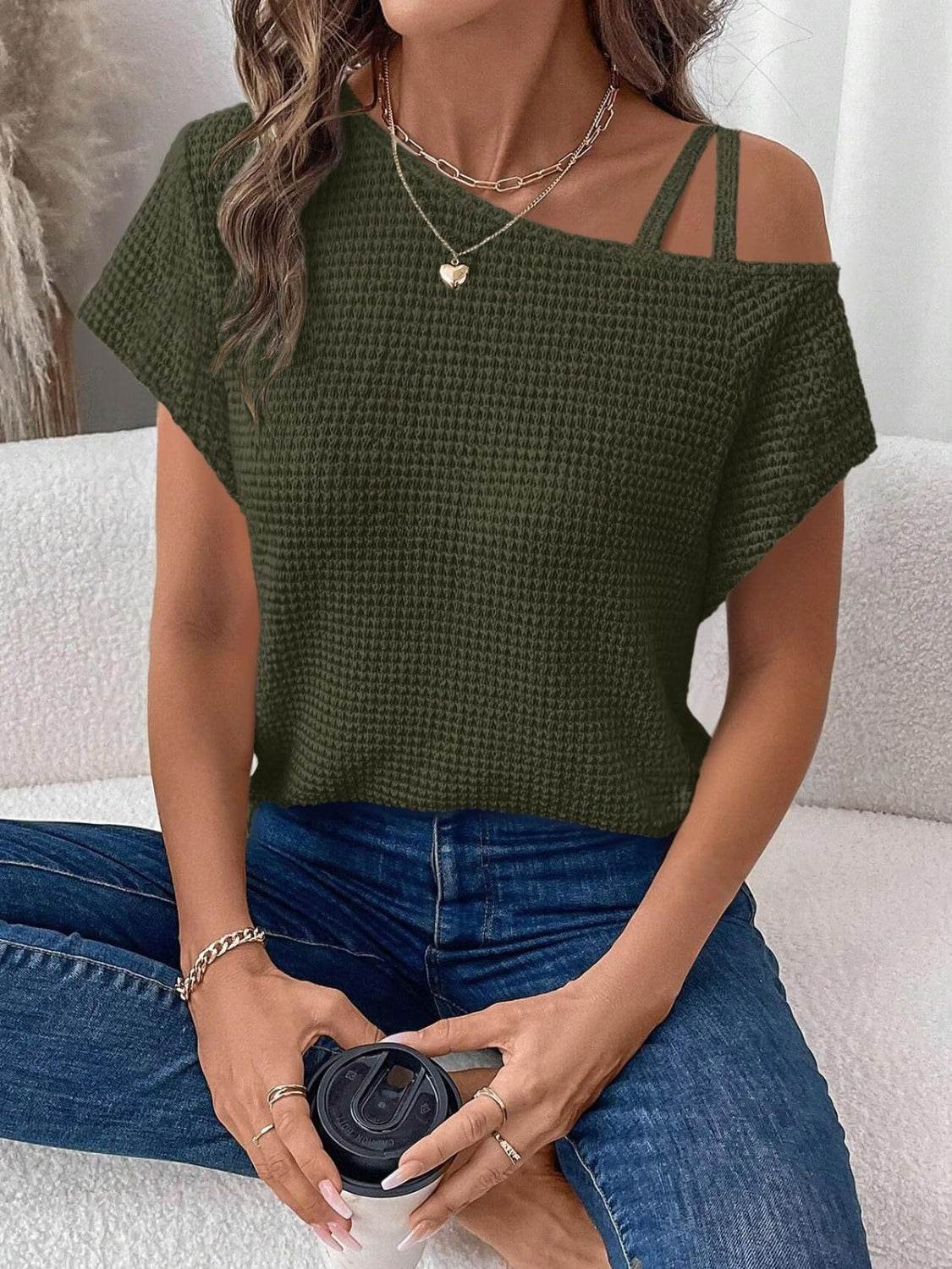 Asymmetrical Neck Short Sleeve T-Shirt - UnLaced Boutique