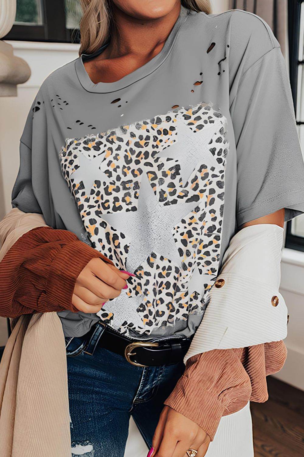 Stars Leopard Graphic Distressed T-Shirt - UnLaced Boutique