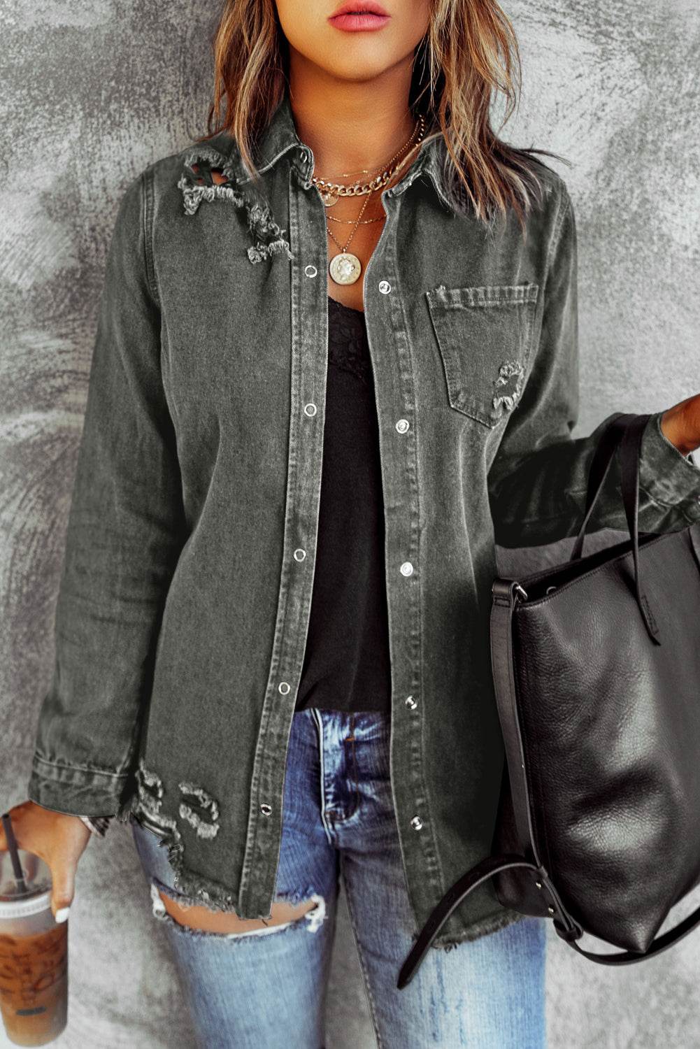 Distressed Raw Hem Snap Down Denim Jacket - UnLaced Boutique