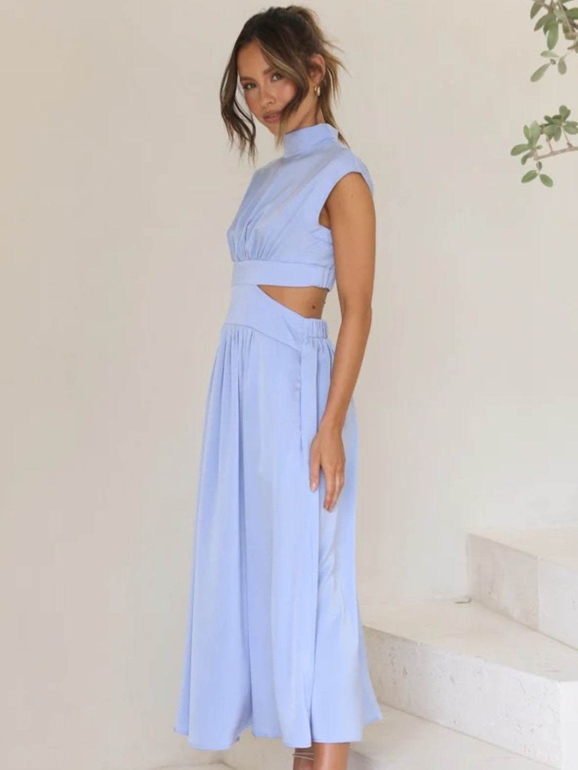 Cutout Mock Neck Sleeveless Ruched Dress - UnLaced Boutique
