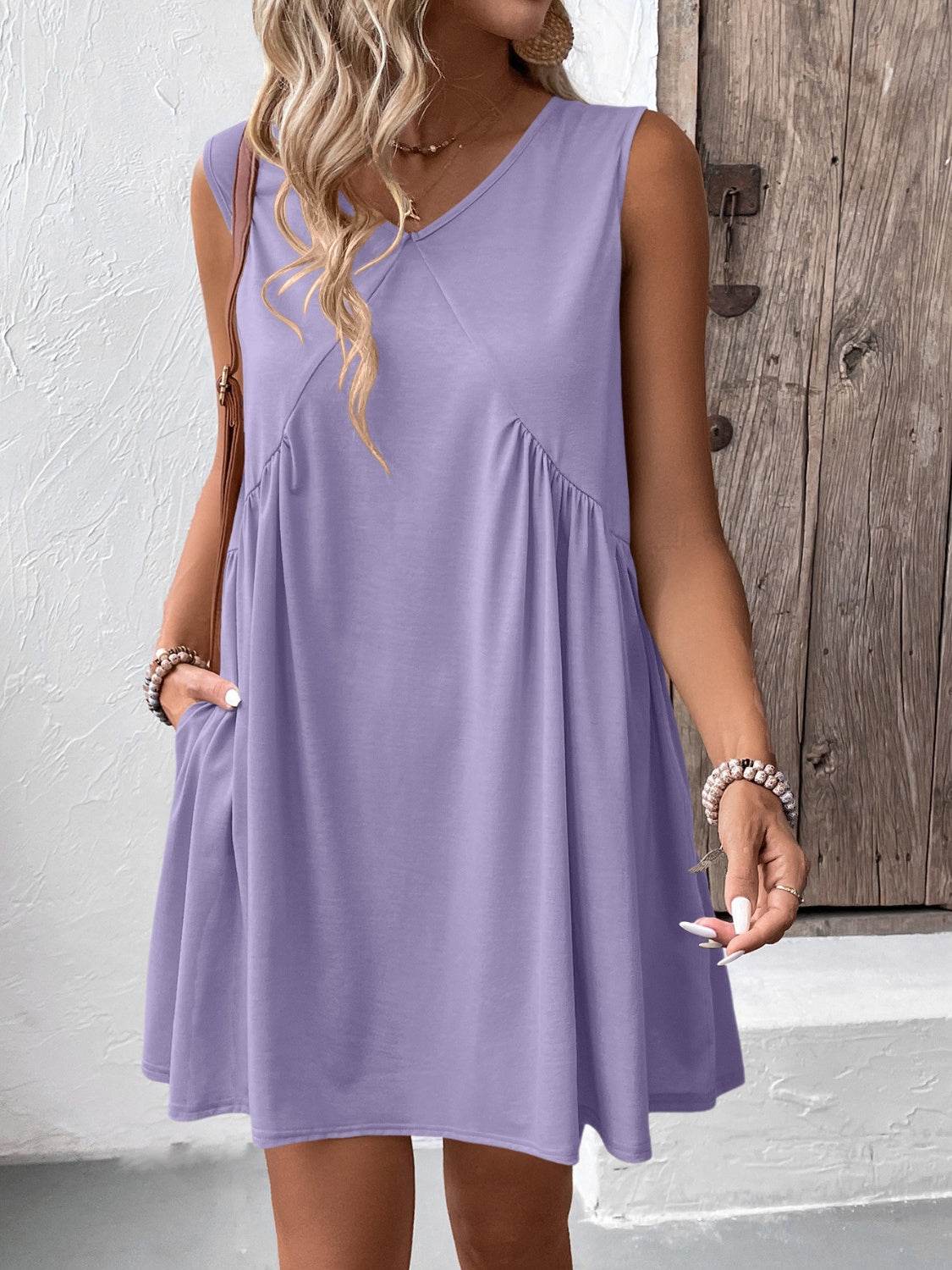 Ivy Lane Ruched V-Neck Sleeveless Mini Dress - UnLaced Boutique