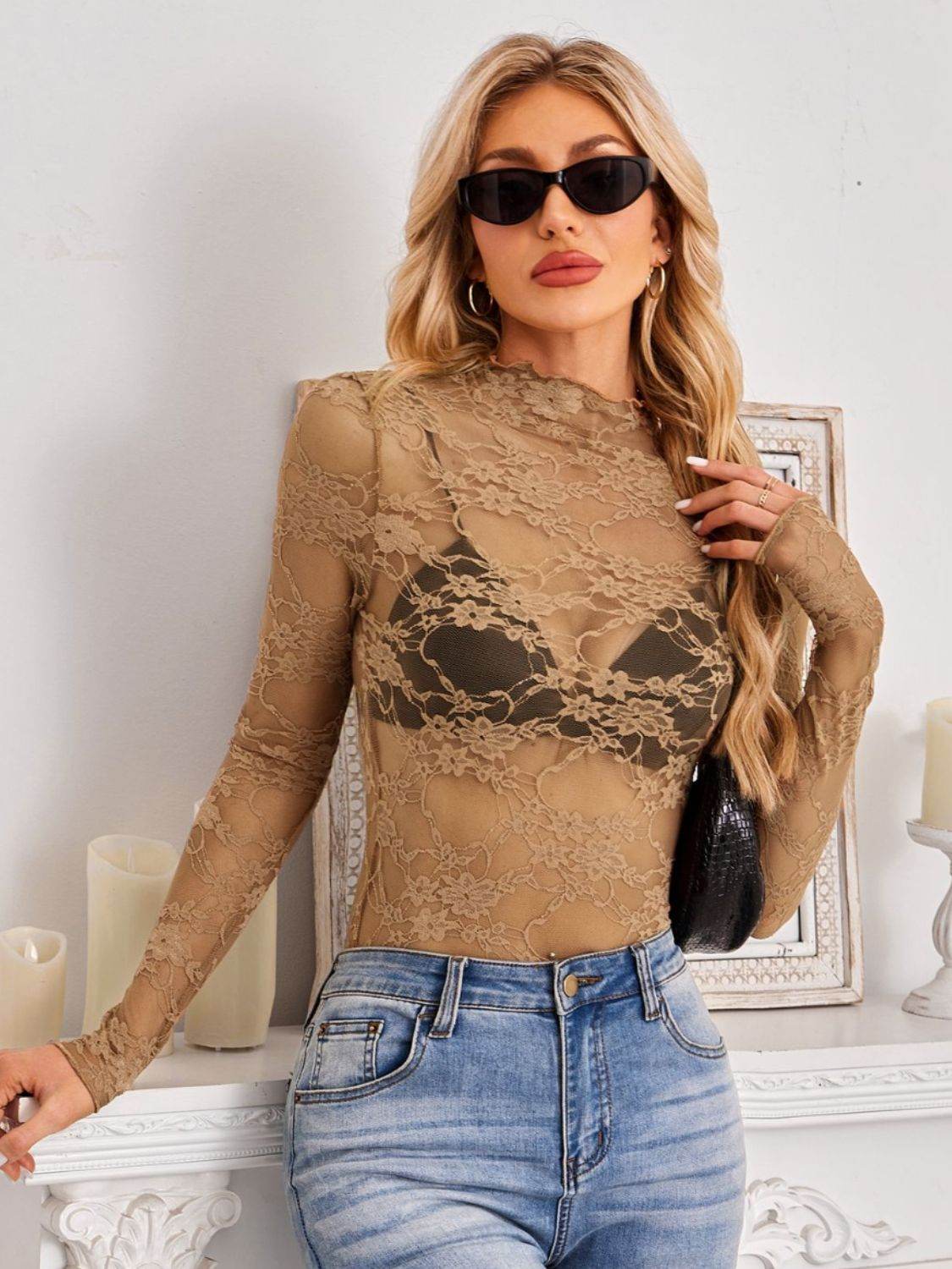 Mock Neck Long Sleeve Lace Sheer Top - UnLaced Boutique