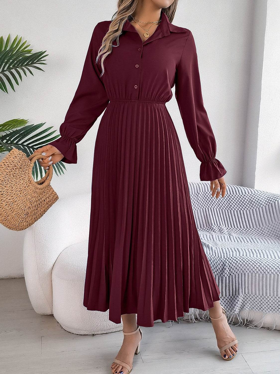 Pleated Half Button Long Sleeve Midi Dress - UnLaced Boutique