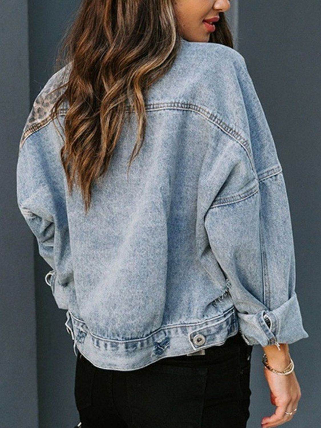 Distressed Leopard Drop Shoulder Denim Jacket - UnLaced Boutique
