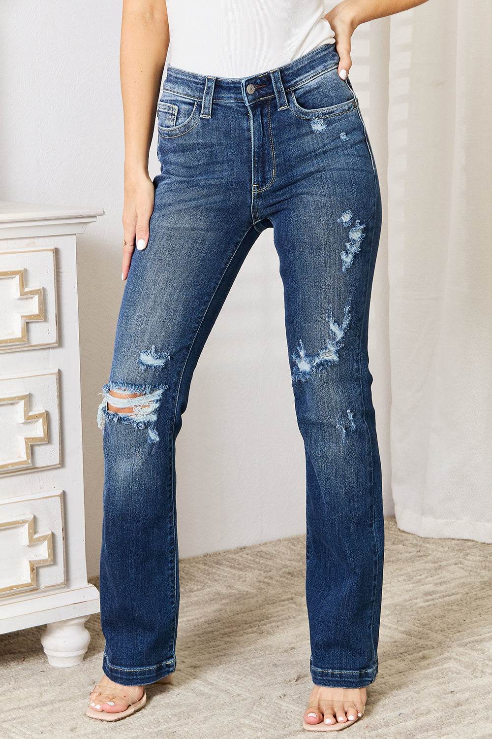 Judy Blue Full Size Mid Rise Hand Sand & Destroy Bootcut Jeans - UnLaced Boutique