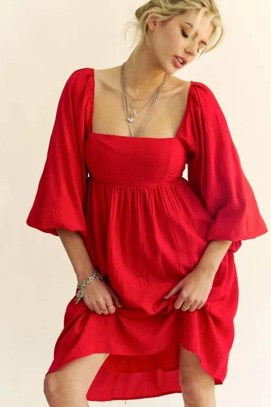 Davi & Dani Solid Textured Fabric Puff Sleeve Tie Back Dress - UnLaced Boutique