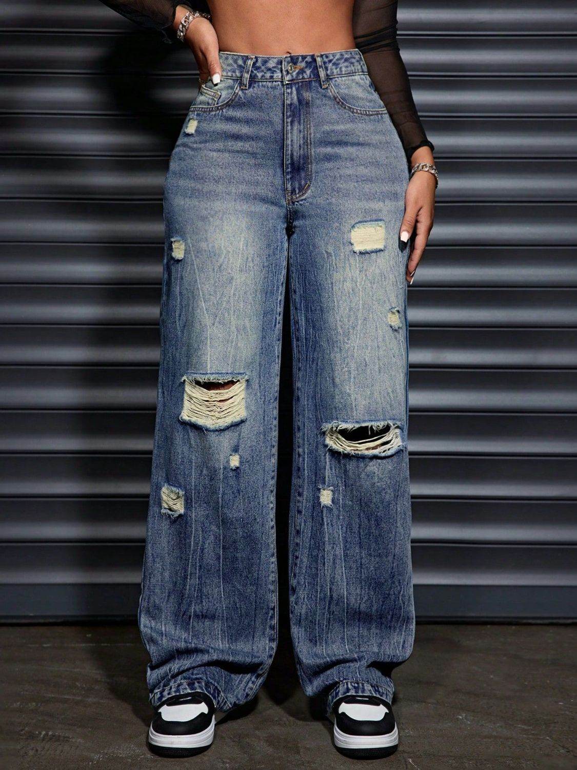 Distressed Wide Leg Jeans with Pockets - UnLaced Boutique