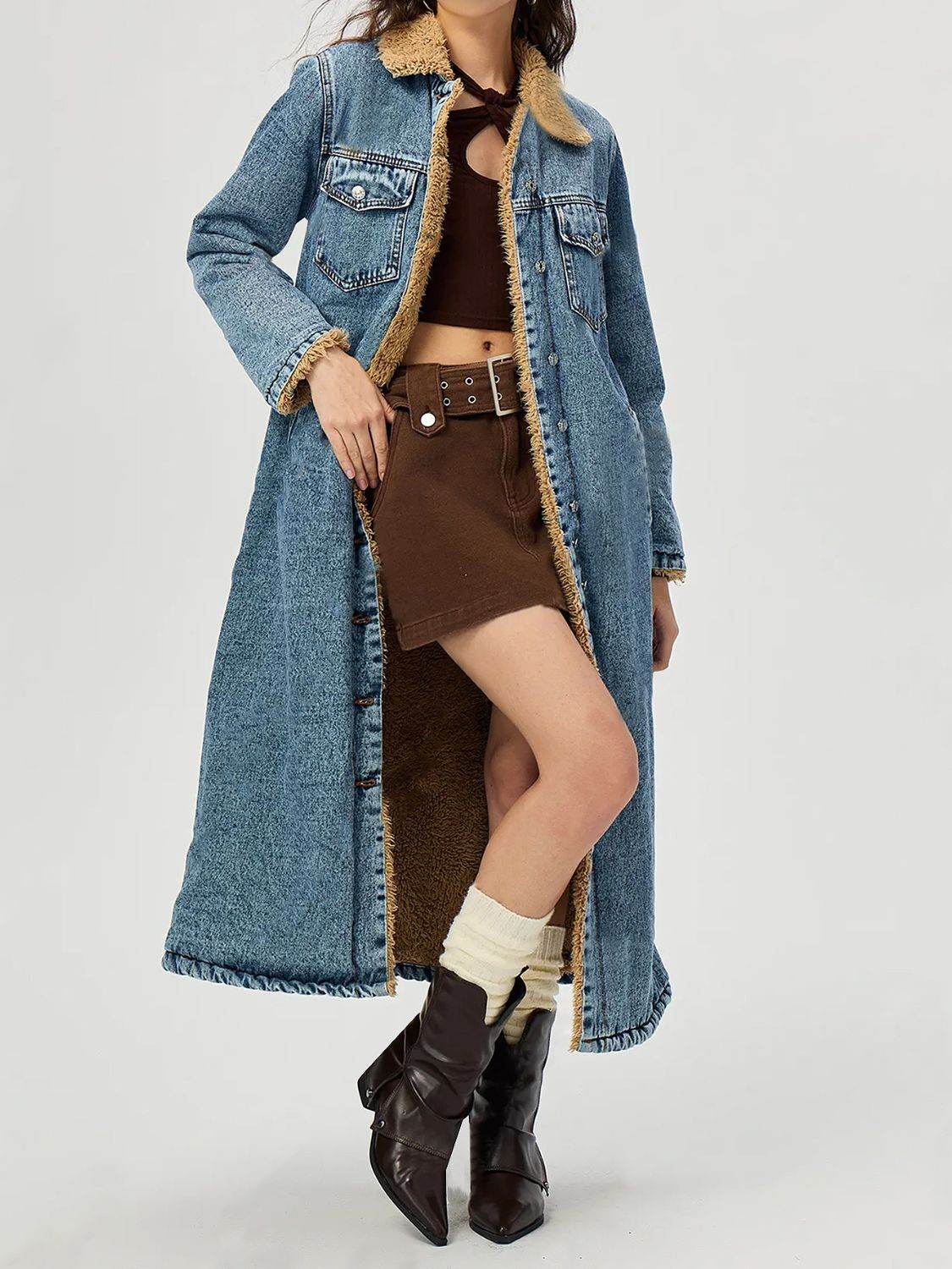 Pocketed Button Up Denim Jacket with Fur Lining - UnLaced Boutique