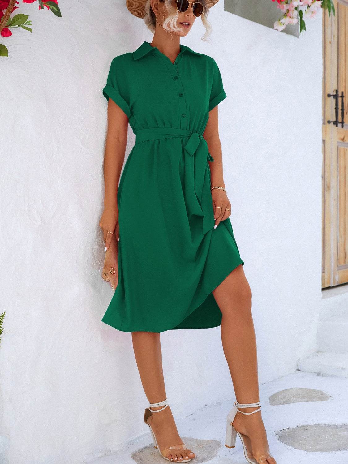 Buttoned Tie Waist Short Sleeve Dress - UnLaced Boutique