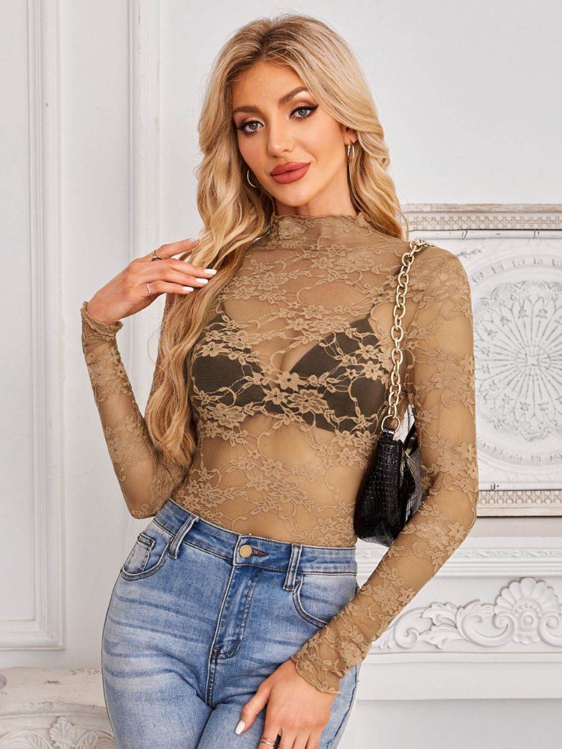 Mock Neck Long Sleeve Lace Sheer Top - UnLaced Boutique