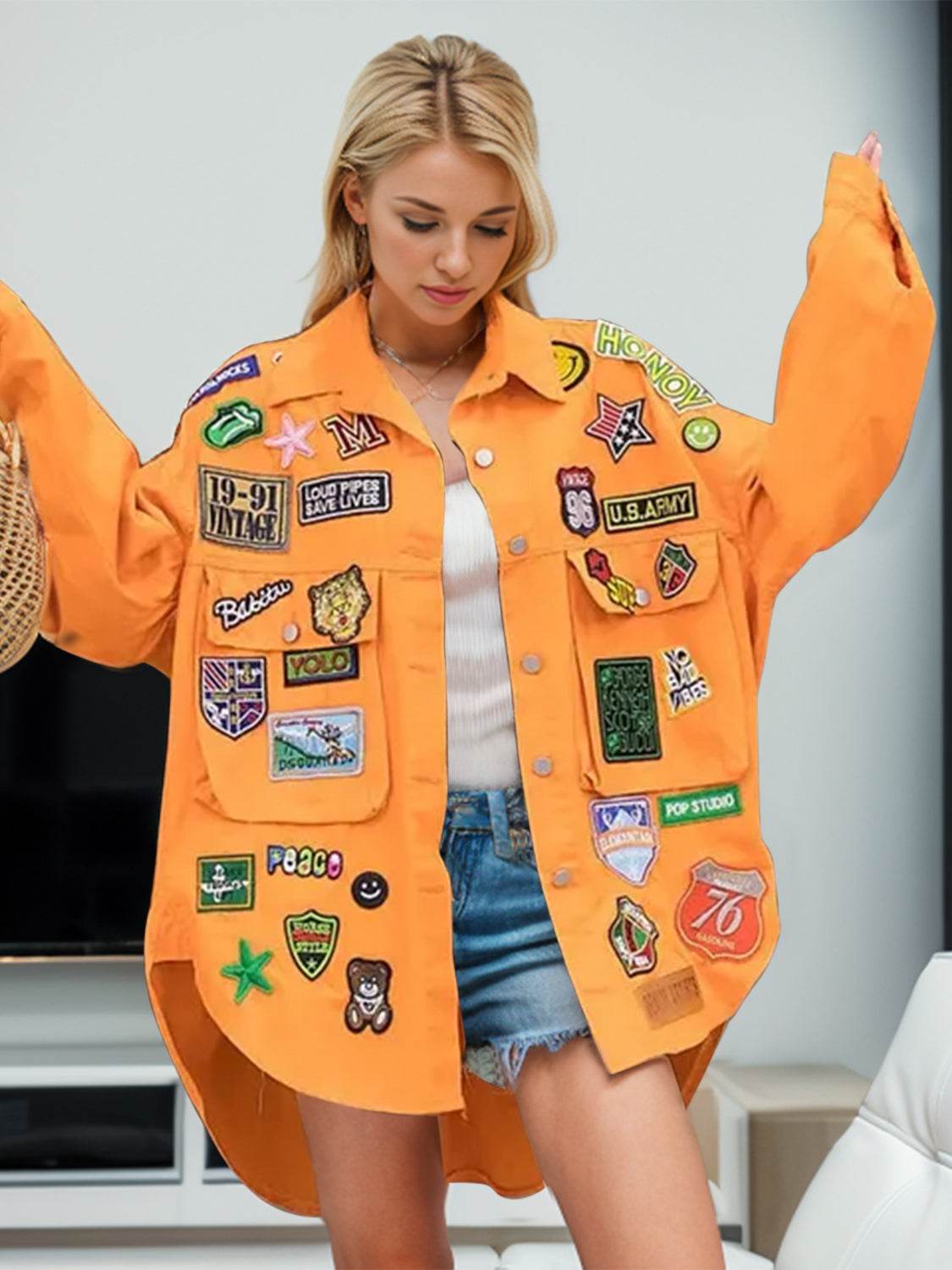 Embroidered Patch Button Up Long Sleeve Denim Jacket - UnLaced Boutique