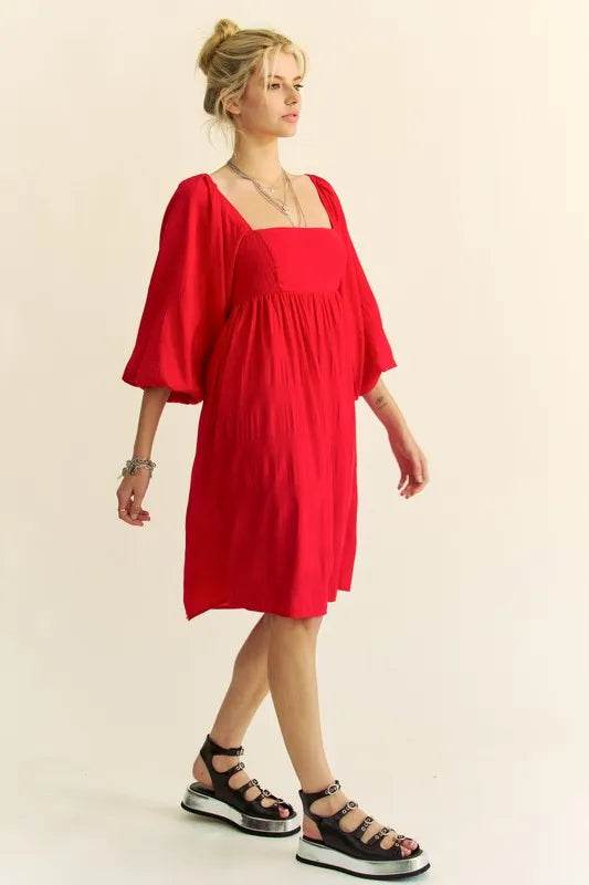Davi & Dani Solid Textured Fabric Puff Sleeve Tie Back Dress - UnLaced Boutique