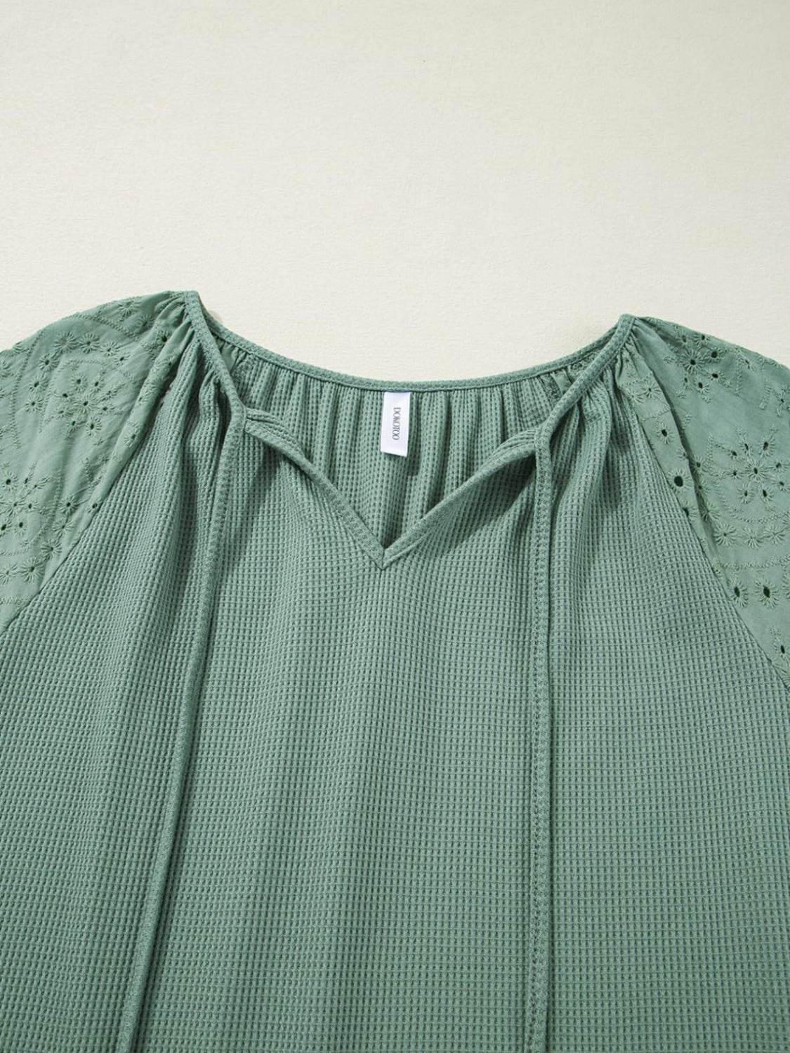 Eyelet Tie Neck Three-Quarter Sleeve Blouse - UnLaced Boutique