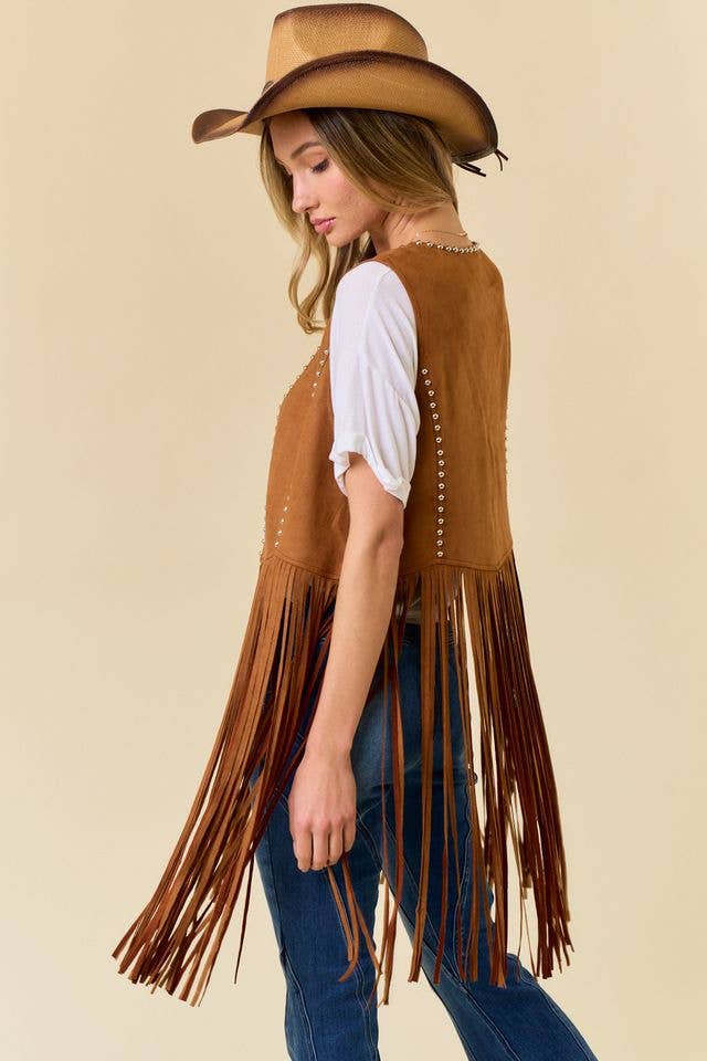 CAMEL STUDDED LONG FRINGE FAUX SUEDE VEST - UnLaced Boutique