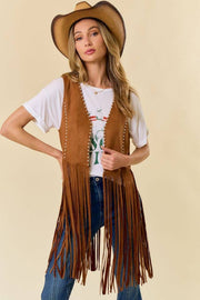 CAMEL STUDDED LONG FRINGE FAUX SUEDE VEST - UnLaced Boutique