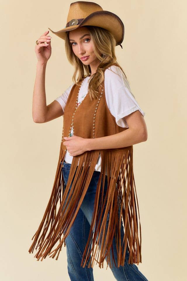 CAMEL STUDDED LONG FRINGE FAUX SUEDE VEST - UnLaced Boutique