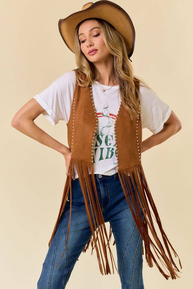 CAMEL STUDDED LONG FRINGE FAUX SUEDE VEST - UnLaced Boutique