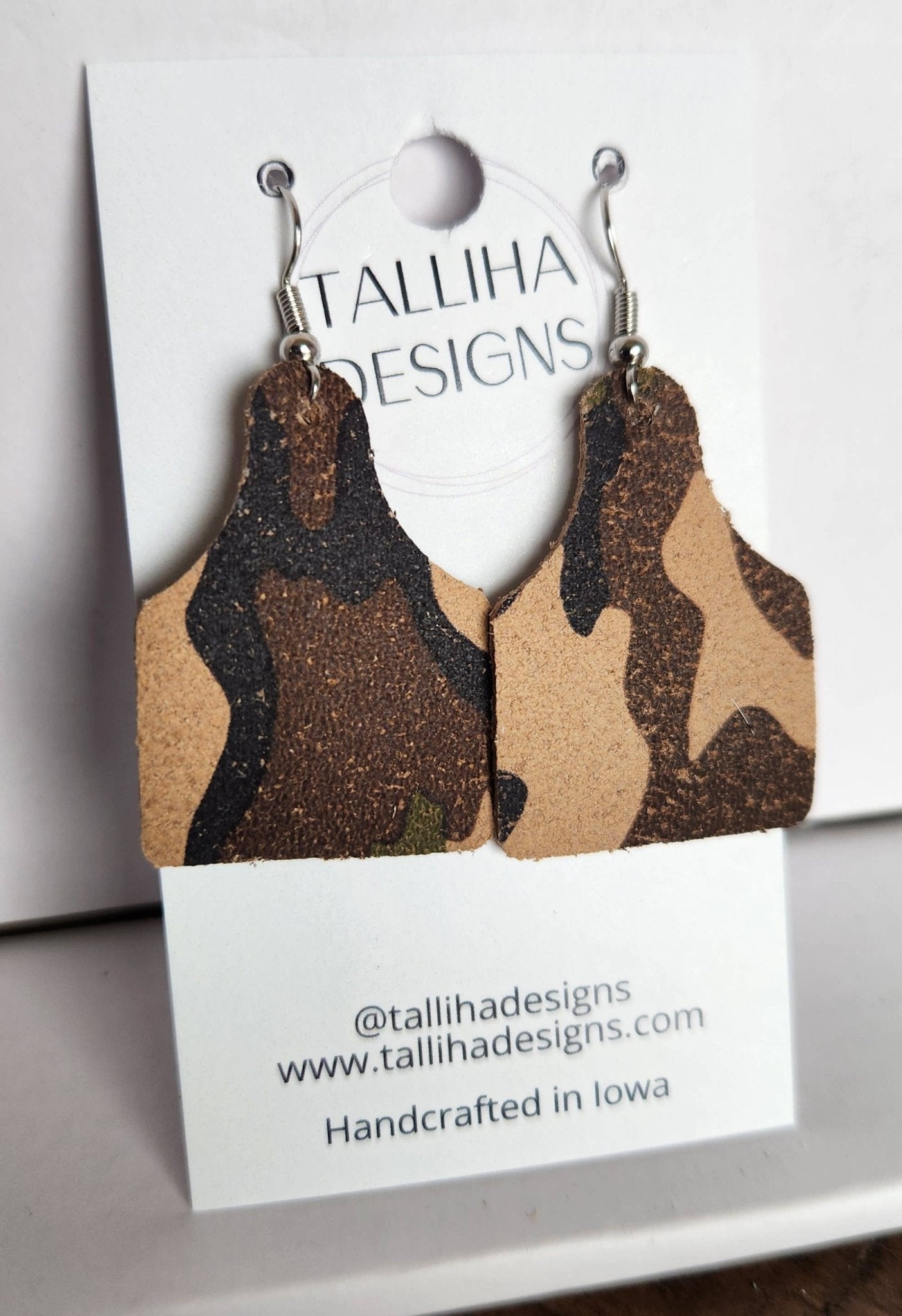 Camouflage Genuine Leather Boho Western Cow Tag Earrings - UnLaced Boutique