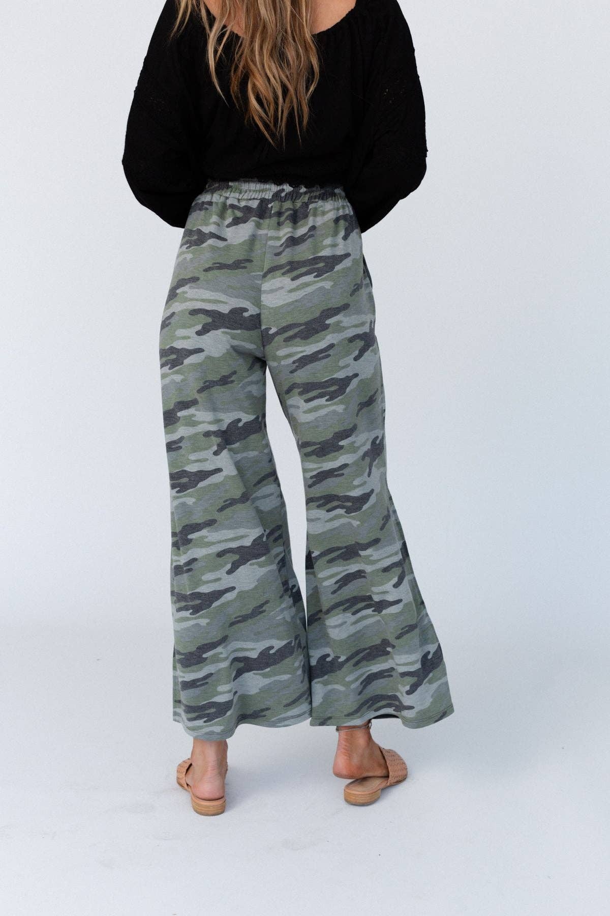 Casual Wanderer Wide Leg Slit Pants - Charcoal Camo Pant - UnLaced Boutique