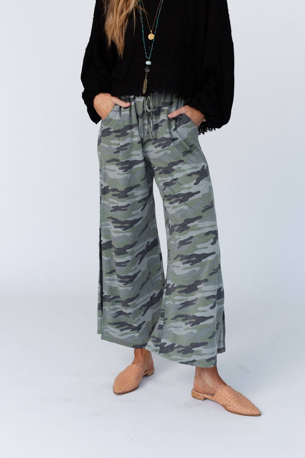 Casual Wanderer Wide Leg Slit Pants - Charcoal Camo Pant - UnLaced Boutique