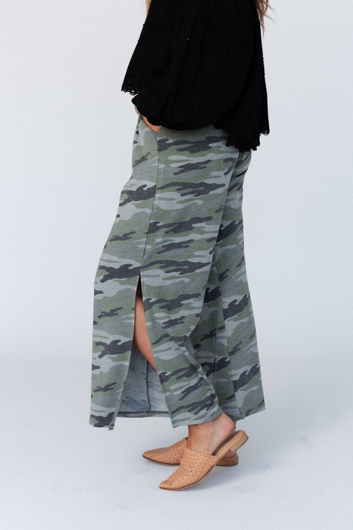 Casual Wanderer Wide Leg Slit Pants - Charcoal Camo Pant - UnLaced Boutique