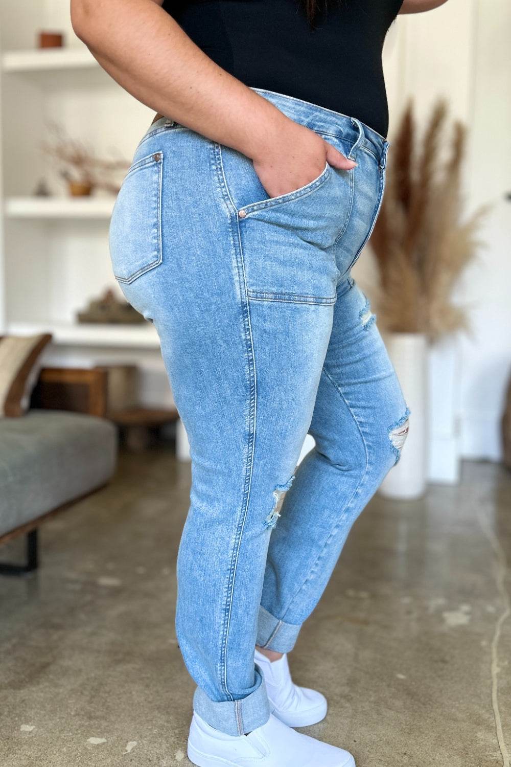 Judy Blue Full Size Distressed Straight Jeans with Patch Pockets - UnLaced Boutique