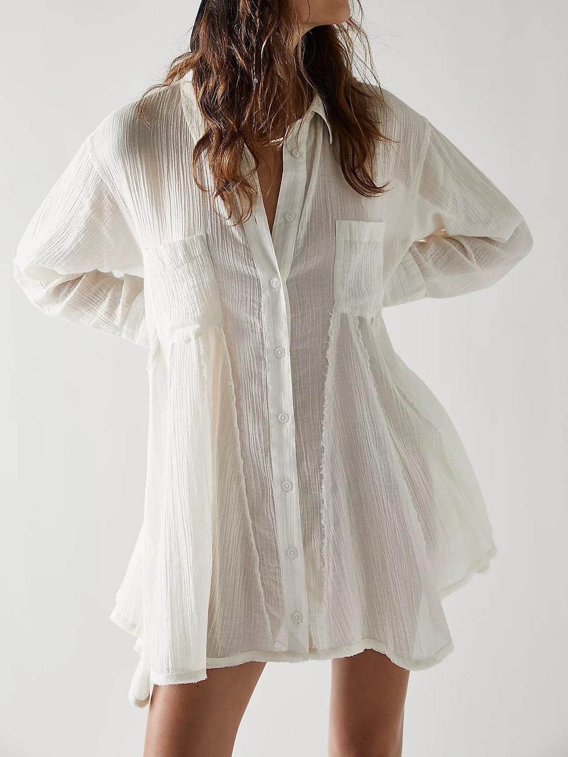 Button Up Collared Neck Long Sleeve Longline Shirt - UnLaced Boutique