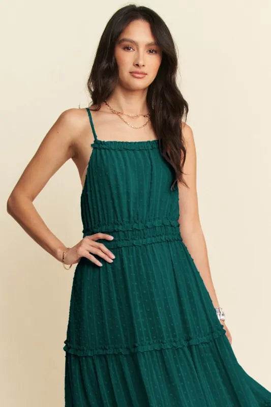 Davi & Dani Texture Swiss Dot Ruffle Square Neck Midi Dress - UnLaced Boutique