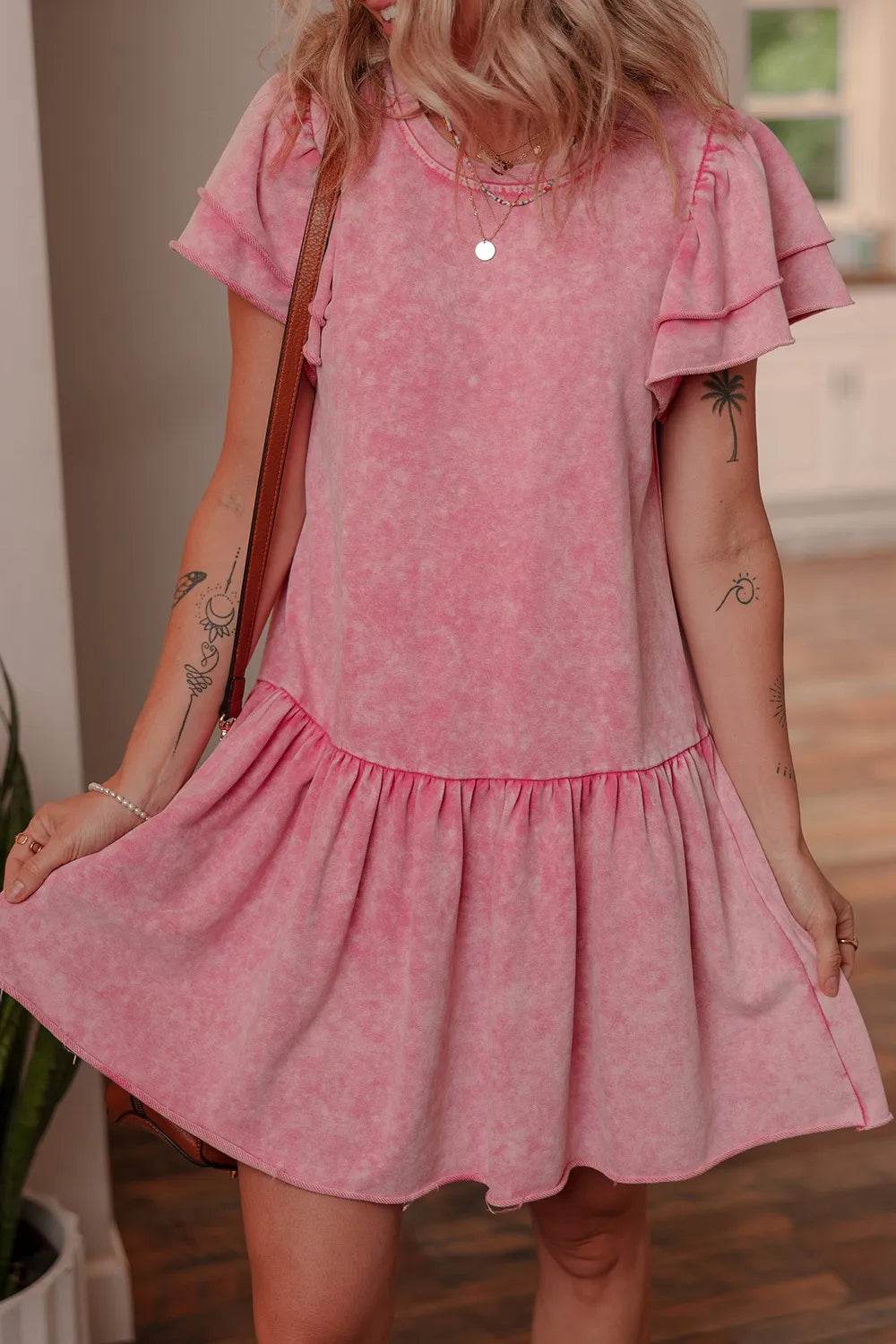 Mineral Wash Raw Edge Ruffle Mini Dress - UnLaced Boutique