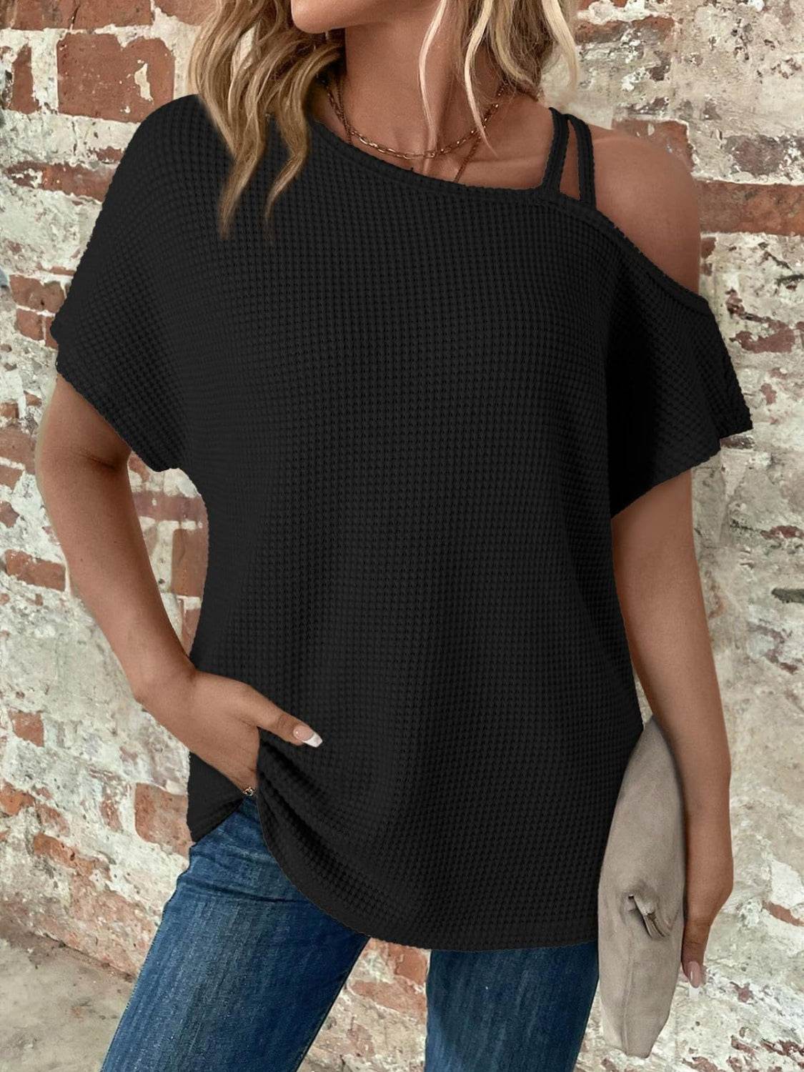 Asymmetrical Neck Short Sleeve T-Shirt - UnLaced Boutique