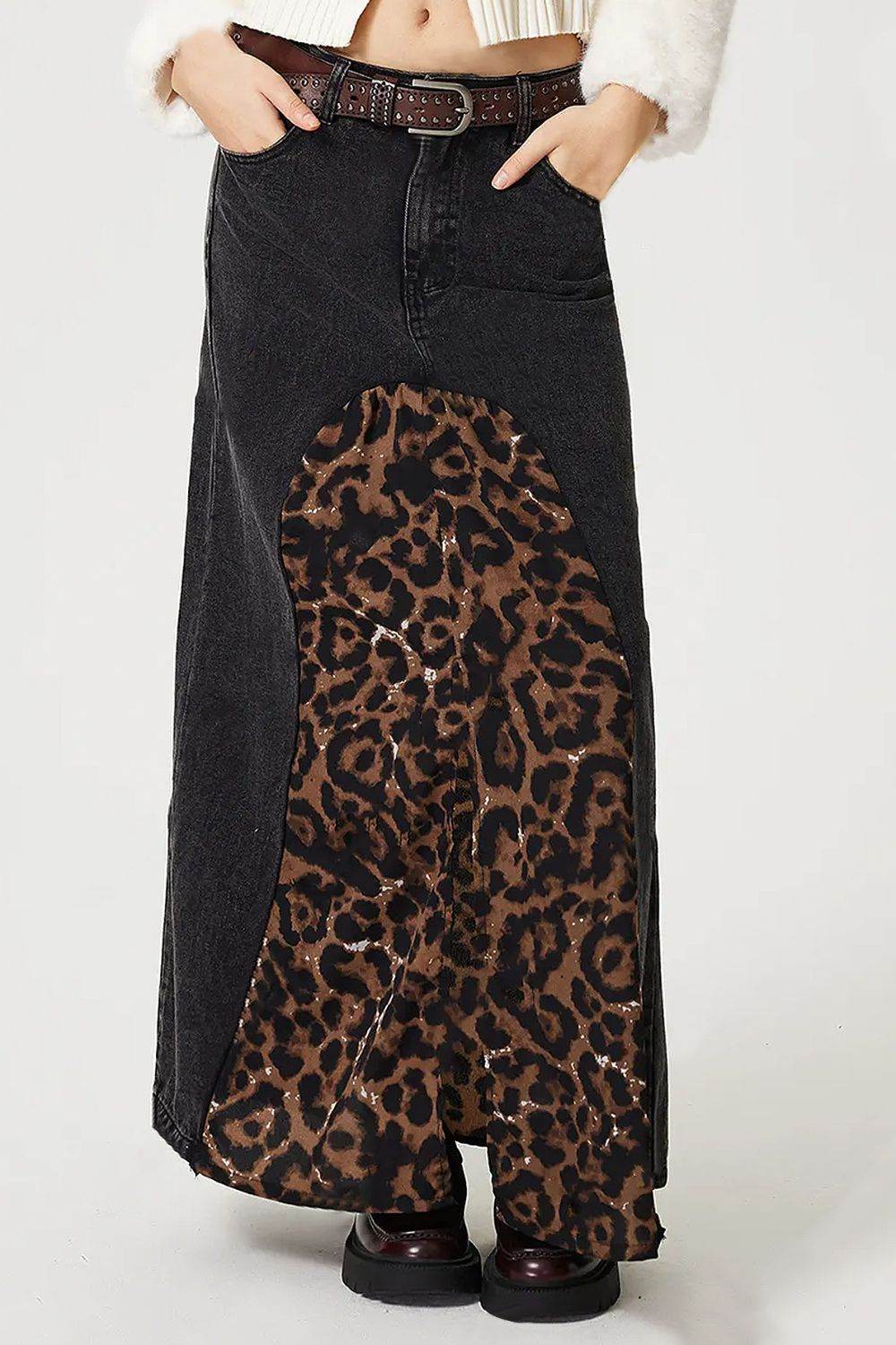 Slit Leopard Midi Denim Skirt - UnLaced Boutique