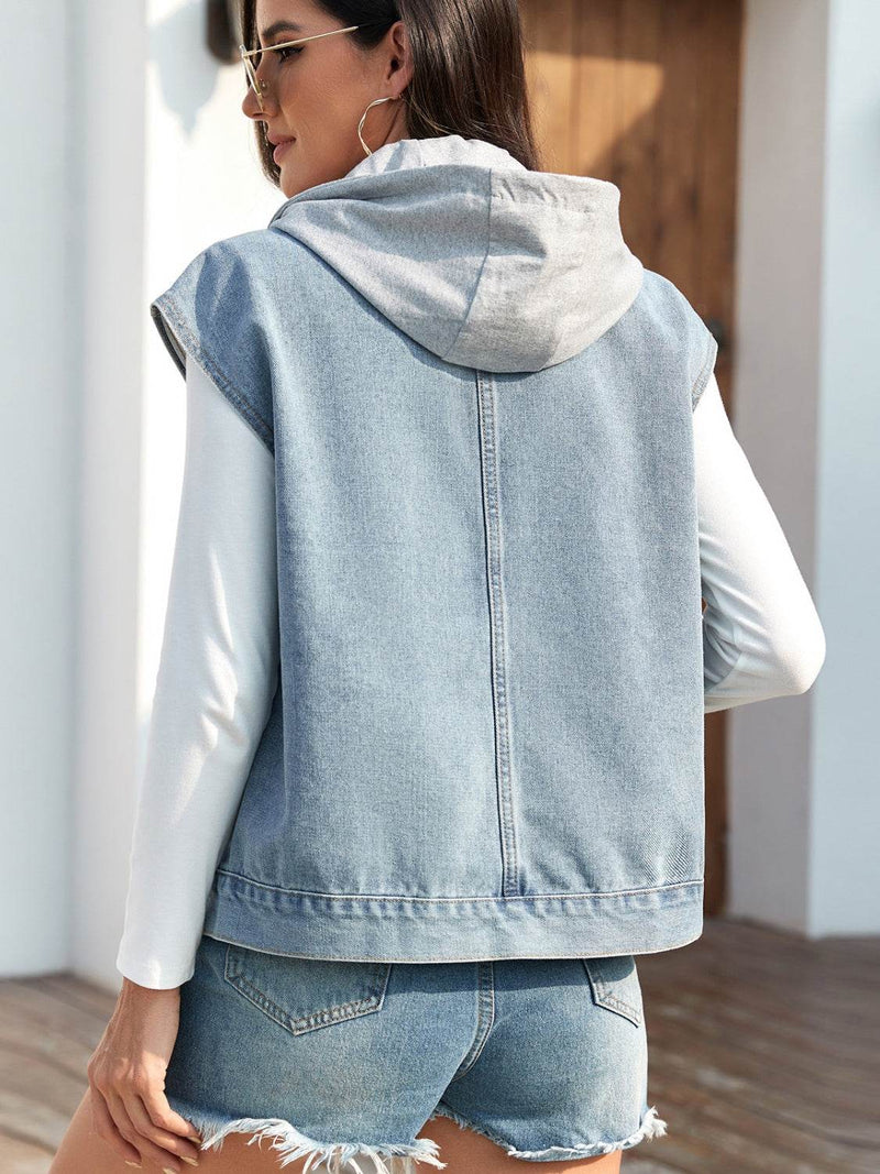 Drawstring Button Up Sleeveless Denim Jacket - UnLaced Boutique