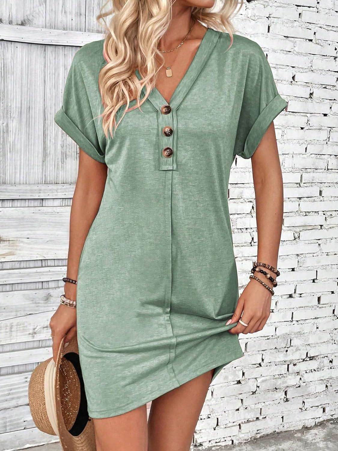 Quarter Button V-Neck Short Sleeve Dress - UnLaced Boutique