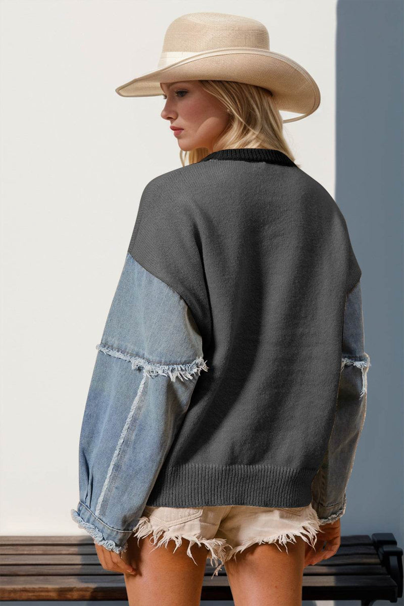 Double Take Full Size Star Pattern Raw Edge Long Sleeve Sweater - UnLaced Boutique