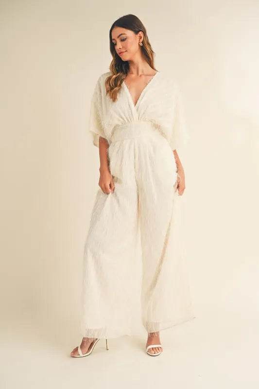 MABLE Fluffy Deep V Neck Wide Leg Jumpsuit - UnLaced Boutique