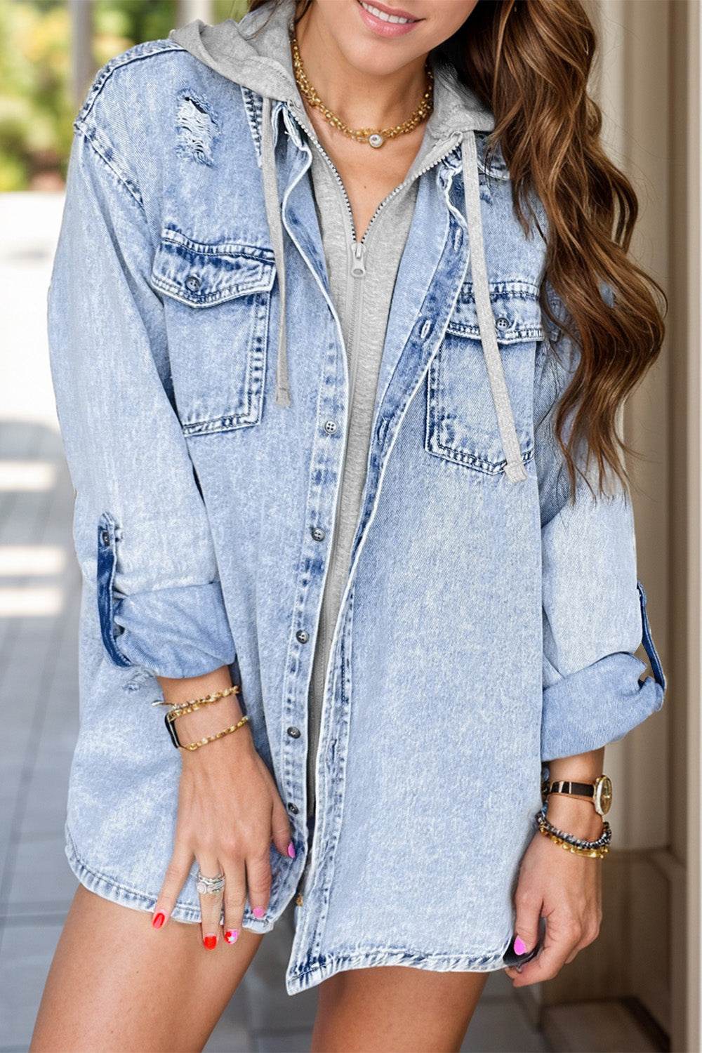 Distressed Button Up Long Sleeve Denim Jacket - UnLaced Boutique