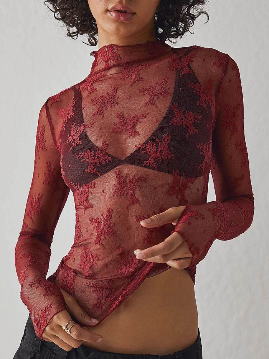 Lace Mock Neck Long Sleeve Blouse - UnLaced Boutique