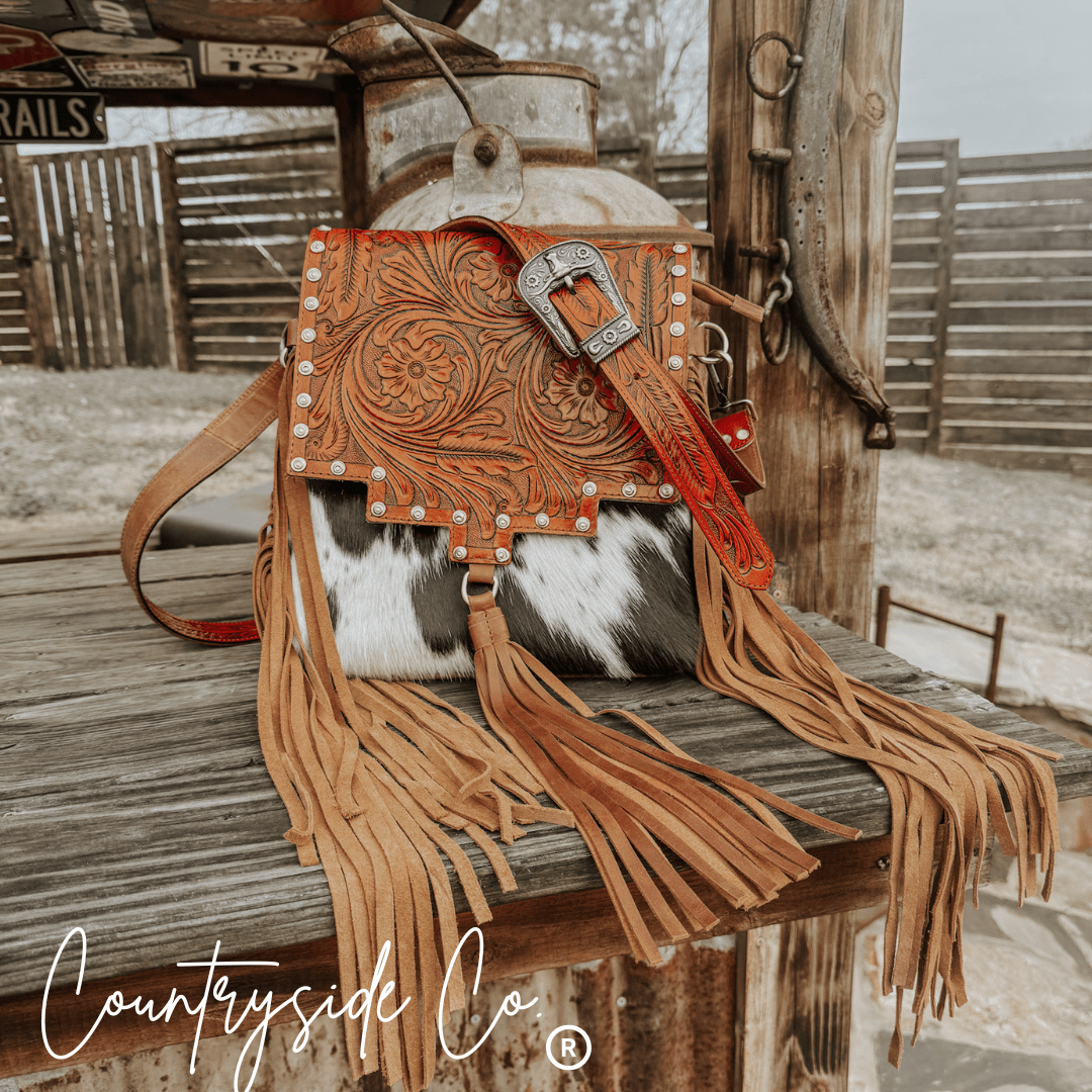 Chisholm Trail Cowhide and Tooled Leather Purse - UnLaced Boutique
