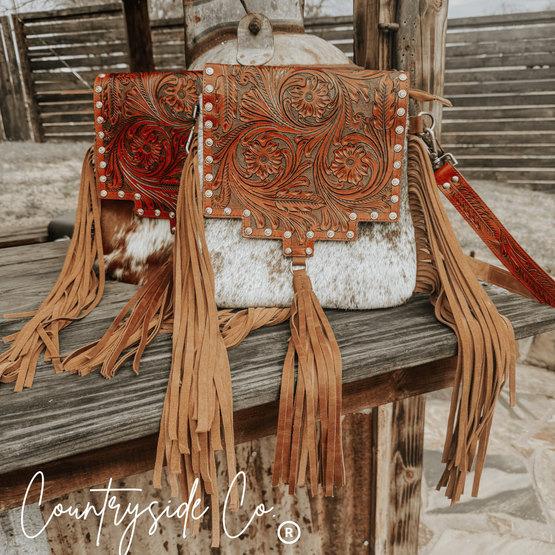 Chisholm Trail Cowhide and Tooled Leather Purse - UnLaced Boutique