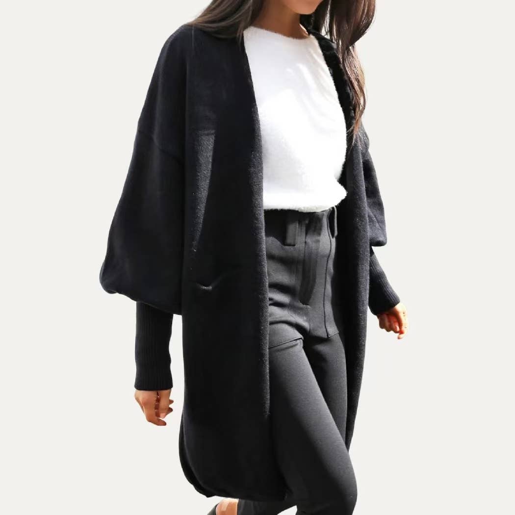 Cool Girl Black Balloon Sleeve Open Front Long Body Cardigan - UnLaced Boutique