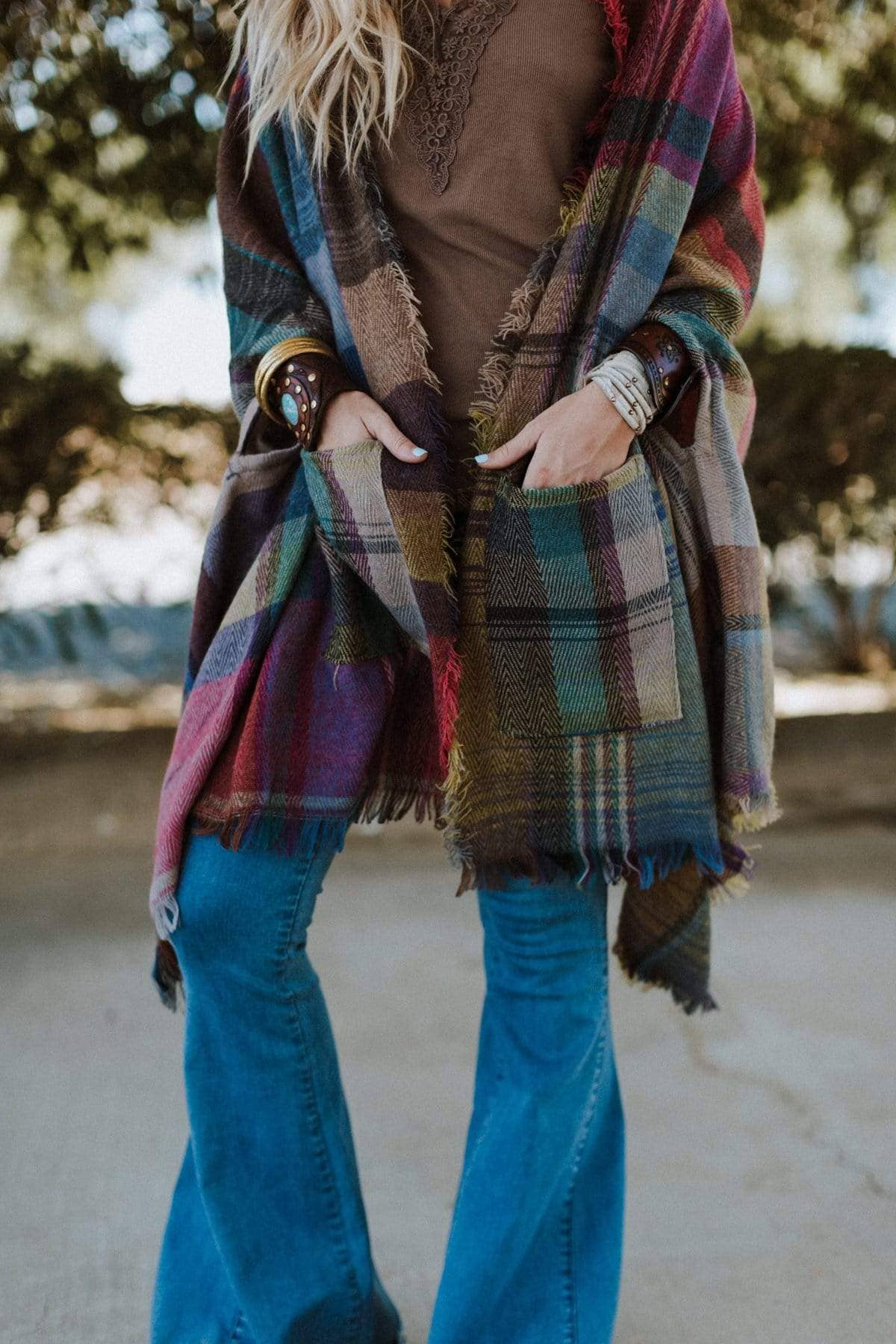 Cozy Plaid Pocket Ruana Wrap - Fuchsia - UnLaced Boutique