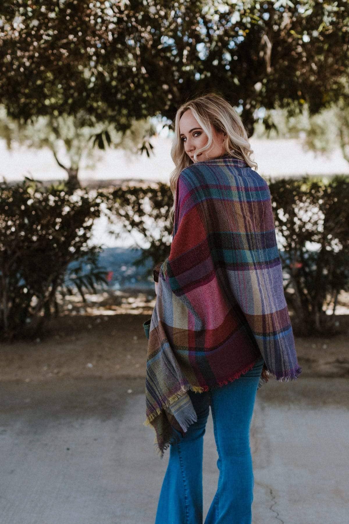 Cozy Plaid Pocket Ruana Wrap - Fuchsia - UnLaced Boutique