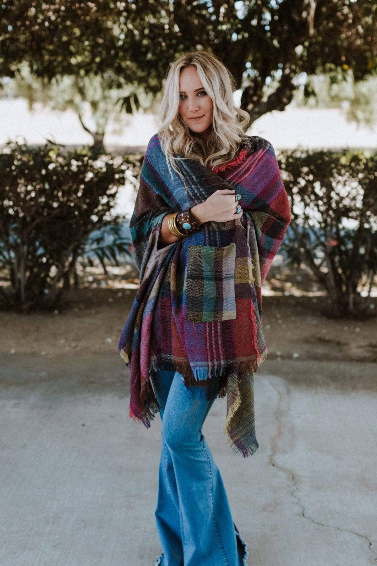 Cozy Plaid Pocket Ruana Wrap - Fuchsia - UnLaced Boutique
