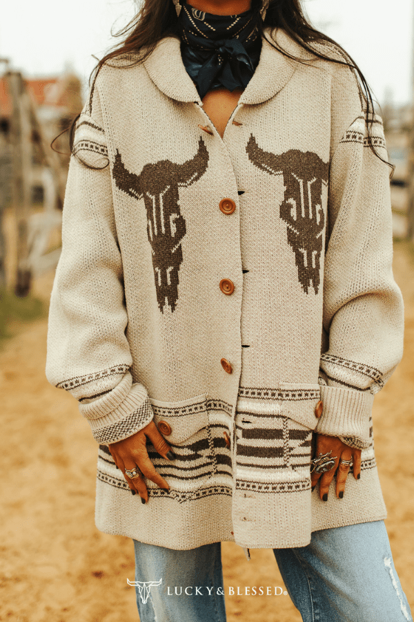 Cream Cow Skull Sweater Cardigan - UnLaced Boutique