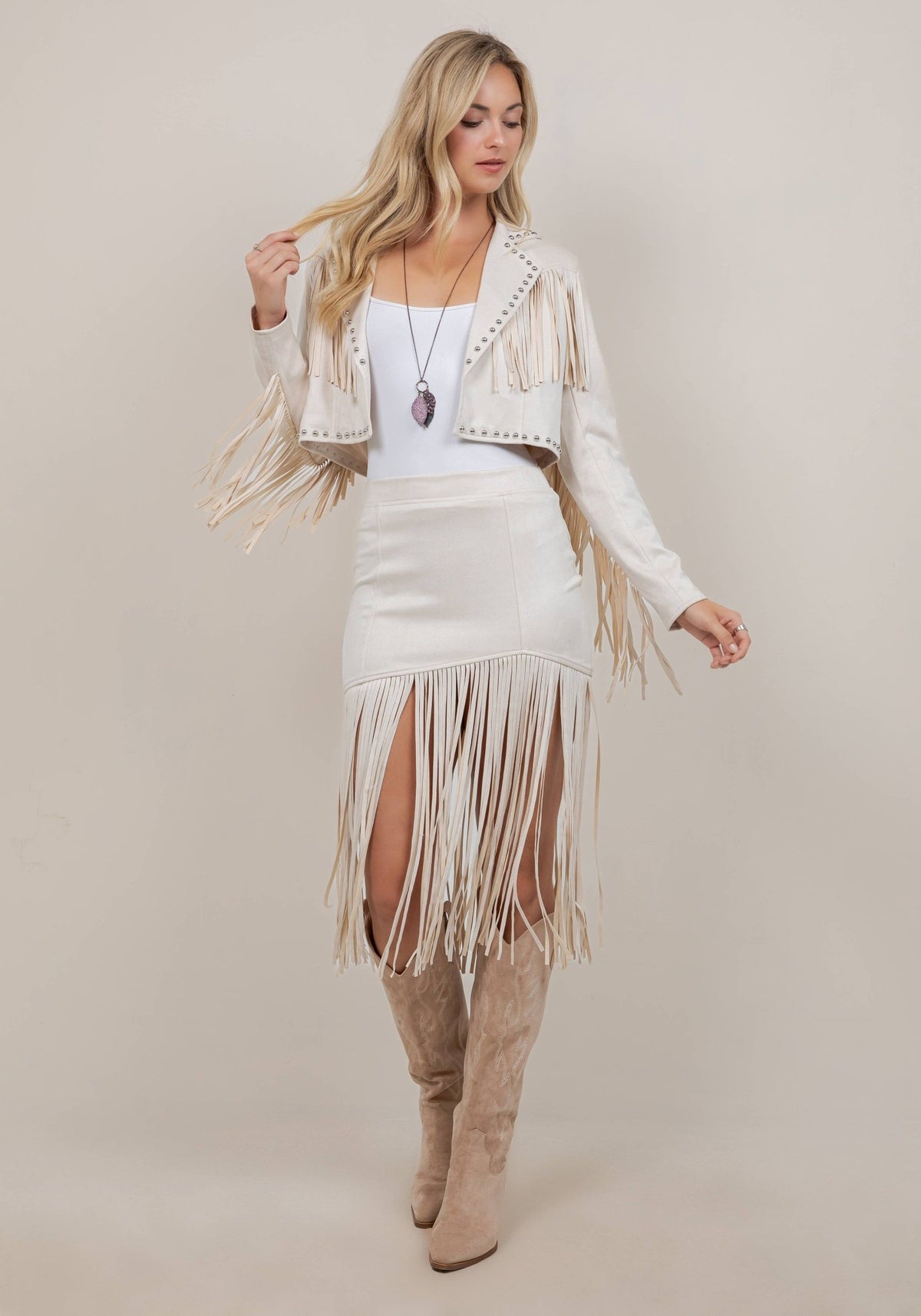 CREAM FRINGED FAUX SUEDE SKIRT - UnLaced Boutique