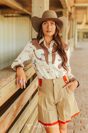 Cream Western Printed Leopard Cuff Sleeve Yoke Shirt - UnLaced Boutique