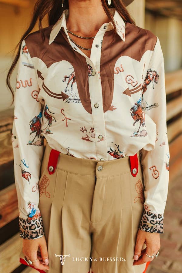 Cream Western Printed Leopard Cuff Sleeve Yoke Shirt - UnLaced Boutique