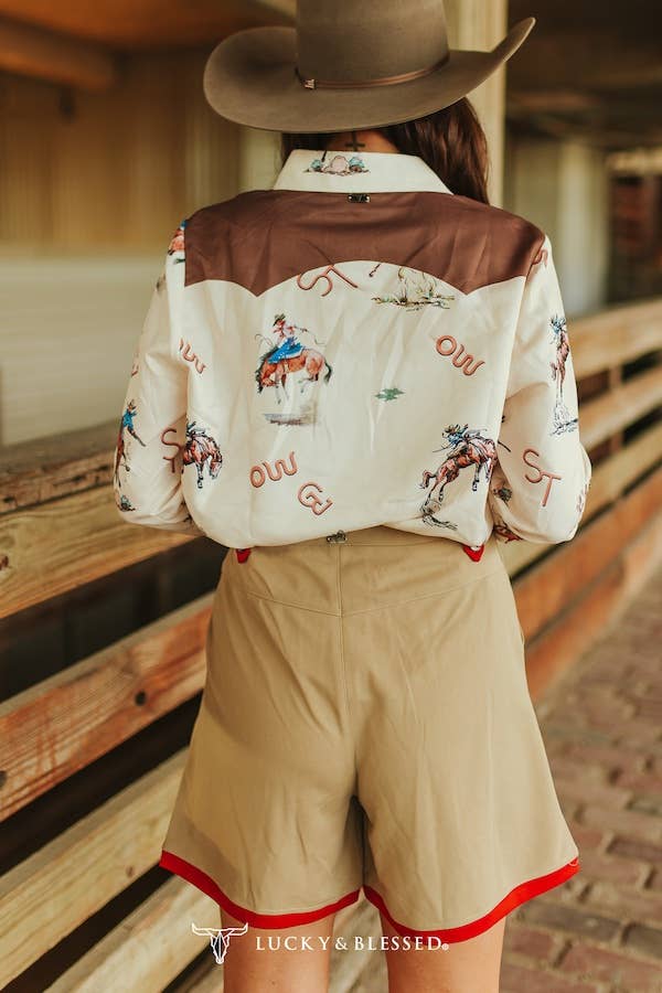 Cream Western Printed Leopard Cuff Sleeve Yoke Shirt - UnLaced Boutique