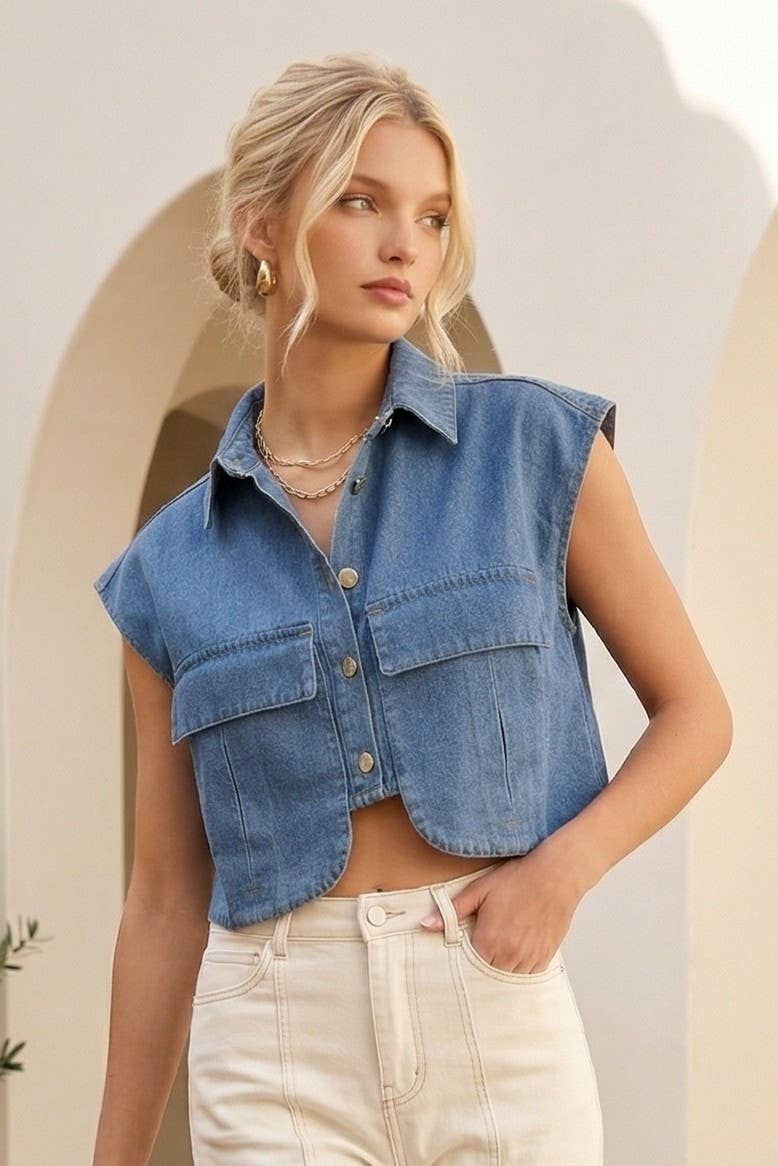 CROPPED UTILITY DENIM TOP WITH OVERSIZED POCKETS - UnLaced Boutique