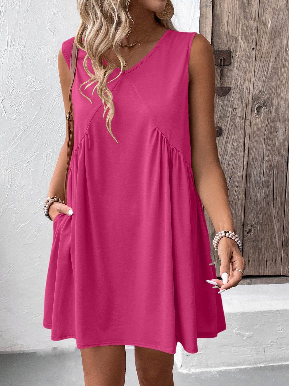 Ivy Lane Ruched V-Neck Sleeveless Mini Dress - UnLaced Boutique